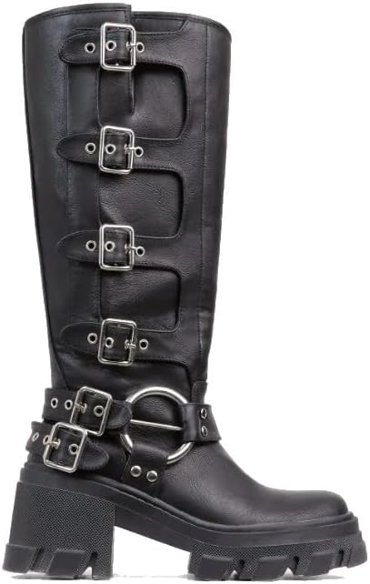 Lemonade Buckle Up Now Women's Side Buckle Detail Chunky Sole Mid Calf Biker Boot