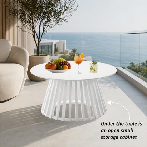Image of HNY White Round Coffee Table, Wood 31.5 inch Center Table for Living Room | Modern Mid Century Circle Coffee Table with Fluted Base for Outdoor Patio, Home Small Space, Bedroom, Apartment, Studio