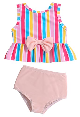 SEAUR Baby Girls' Swimwear Two Piece Bathing Suits Sleeveless Stylish Striped Swimsuits Crop Top with Bottom Swim Set Bikini Beach Wear 12-18 Months Pink