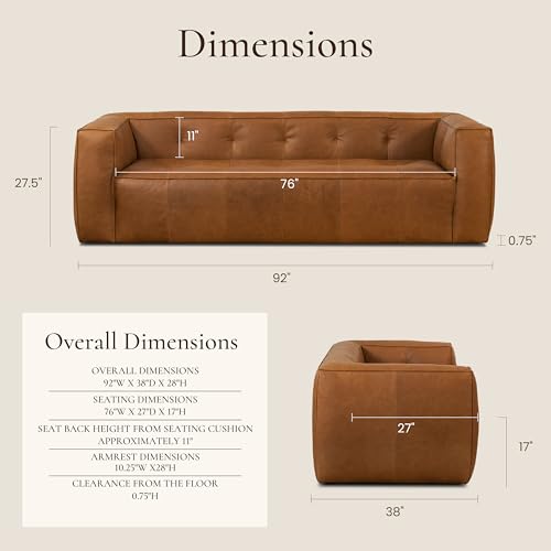 Image of Poly & BARK Capa 92 inch Sofa - Saddle Tan Full-Grain Pure-Aniline Italian Leather, Boxy Modern Design, Feather-Fiber Cushions, Solid Wood Frame