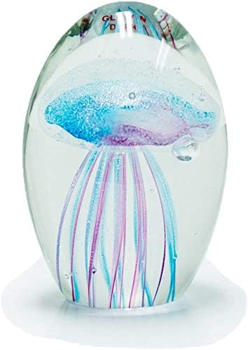 SunRise Hand Blown Glass - Jellyfish Paperweight, Glow in The Dark Glass with Multi-Color Light Base (Turquoise/Pink)