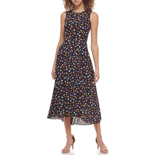 Image of Tommy Hilfiger Women's Sleeveless Keyhole Neck Chiffon Belted Hi-Lo Midi Dress