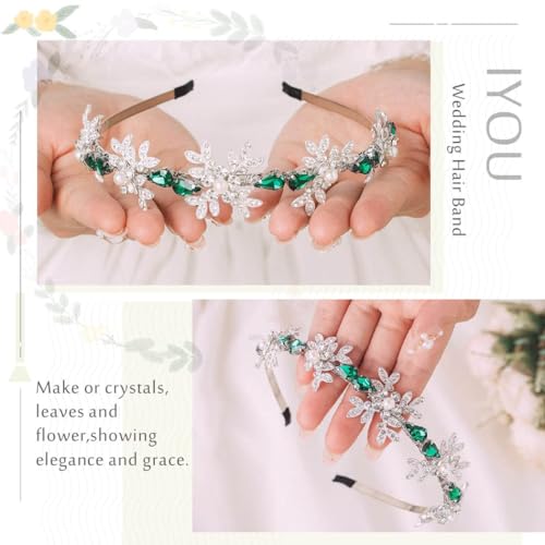 IYOU Shiny Crystal Wedding Headband Rhinestone Green Hair Band Leaf Vintage Prom Bridal Hair Accessories for Women - Image 3