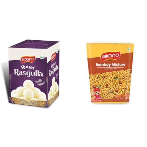 Image of Bikano Royal Rasgulla | Authentic Indian Sweet dish | Pack of 1 kg | Perfect for festivities| + Bikano Bombay Mixture | Spicy & Tangy Indian Namkeen Snack | Crunchy Blend of Sev, Peanuts &
