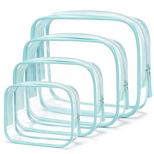 Image of Clear Makeup Bag Set,4 Sizes TSA Approved Travel Toiletry Bags,Waterproof PVC Clear Cosmetic Pouch with Zipper,Portable Transparent Organizer Bags for Travel Toiletries Accessorie (Blue, Pack of 4)