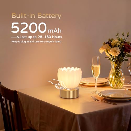 Image of Shenmoyl Cordless Small Table Lamp with 5200mAh Battery & Touch Control, Battery Operated Tulip Table Lamp with 3 Colors, Rechargeable Mini Table Lamps for Bedsides, Bedroom, Nightstand (White)