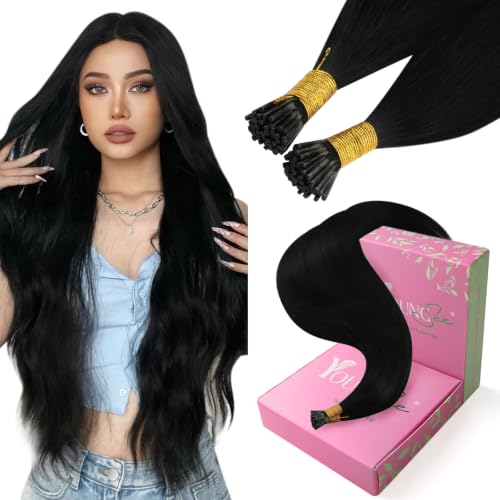 Image of YoungSee 28 Inch I Tip Hair Extensions Black, Itip Hair Extensions Real Human Hair Jet Black, I Tip Hair Extension Human Hair, 50 Strands 50g, Long Hair, Blending Natural for Black Women