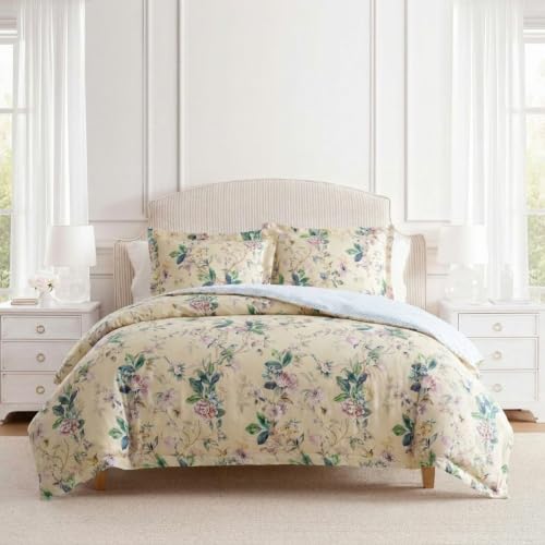Image of Martha Stewart - King Comforter Set, 100% Silky Smooth Cotton Sateen Floral Bedding for Year Round Comfort, 3 Piece Bed Set with Matching Pillowcases (Songbird Yellow)