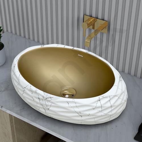 Image of Plantex Table Top Wash Basin For Bathroom /Designer Ceramic Basin /Countertop Vessel Sink Basin - Indo-European Collection (White & Gold - 24 x 16 x 7 Inch)