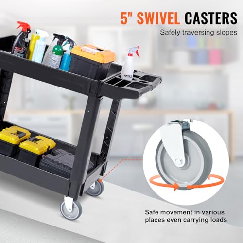 VEVOR-Utility-Service-Cart-2-Shelf-550LBS-Heavy-Duty-Plastic-Rolling-Utility-Cart-Medium-Lipped-Shelf-360-Swivel-Wheels-Ergonomic-Storage-Handle-for-Warehouse-Garage-Black-Heavy-Duty-Rolling-Cart-with