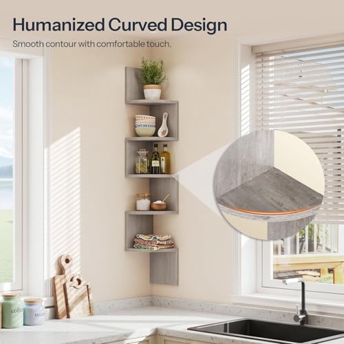 Image of HOOBRO Corner Shelf Wall-Mounted, Set of 2 Floating Corner Shelves for Wall, 5-Tier Corner Bookshelves for Living Room, Bedroom, Bathroom, Home Office, Greige BG26BJP201