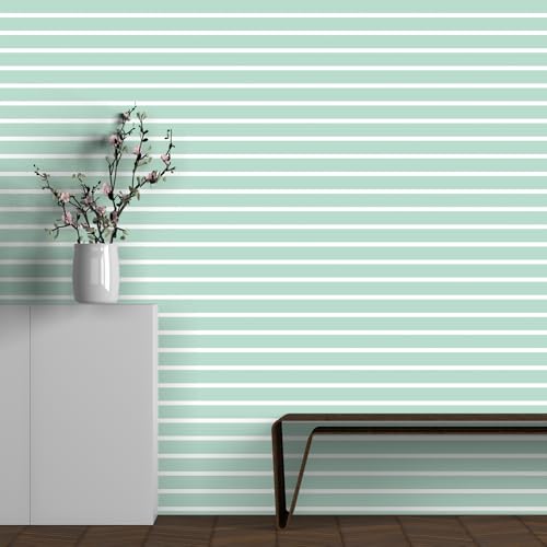 Image of DWELLSINDIA Pastel Green Horizontal Striped Wallpaper for Wall Decor | Self Adhesive Peel & Stick, Thick Textured Premium Paper | Scratch Resistant Laminated | Bedroom & Living Room | 41x244 cm