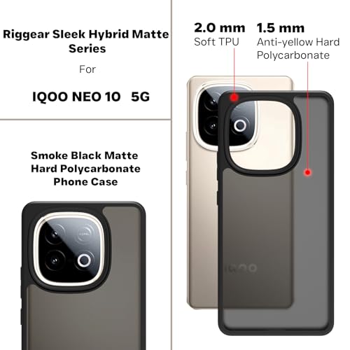 Image of RIGGEAR Shockproof Sleek Hybrid Armor Back Cover Case for iQOO Neo 10 5G (Smoke Black Matte PC and Black TPU Bumper)