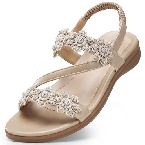 Image of TEMOFON Sandals for Women Flat Dressy Summer Flower Sandals with Ankle Strap Comfortable Casual Walking Flat Sandals Size 5-11