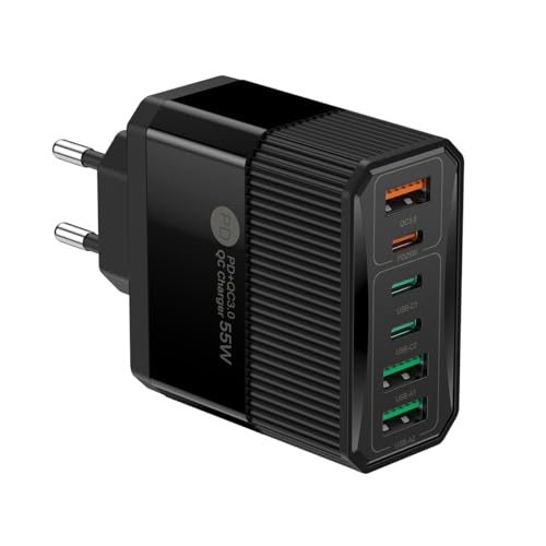 European USB Type C Wall Charger Europe Travel Plug Adapter EU Multiple Multi 6 Ports Block Rapid Charge PD QC for Apple iPhone iPad Samsung Galaxy Pixel 55W 3 USB-C 3 USB-A Fast Power Adaptor Euro