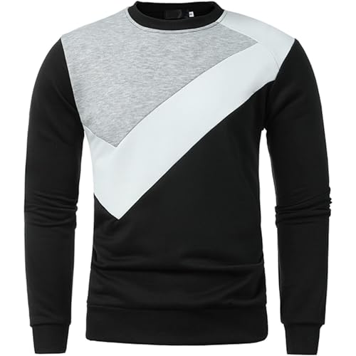 Maiyifu-GJ Men's Casual Colorblock Long Sleeve Pullover Crew Neck Contrast Color Sweatshirt Fleece Novelty Color Block Shirt (Black2,Large)