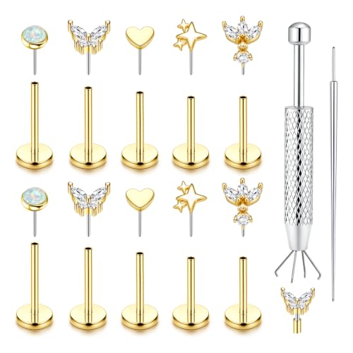 20G Threadless Flatback Stud Earrings Surgical Steel Cartilage Earring Stacks Flat Back Nose Studs Hypoallergenic Tragus Helix Conch Labret Medusa Piercing Jewelry for Women Men G1