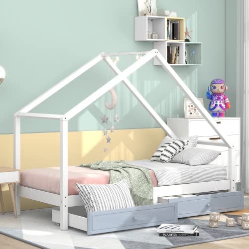 Cama infantil 90 x 200 cm, de madera de pino con 2 cajones extraíbles, cama de podio estable para niñas y niños, cama de madera maciza blanca Cover