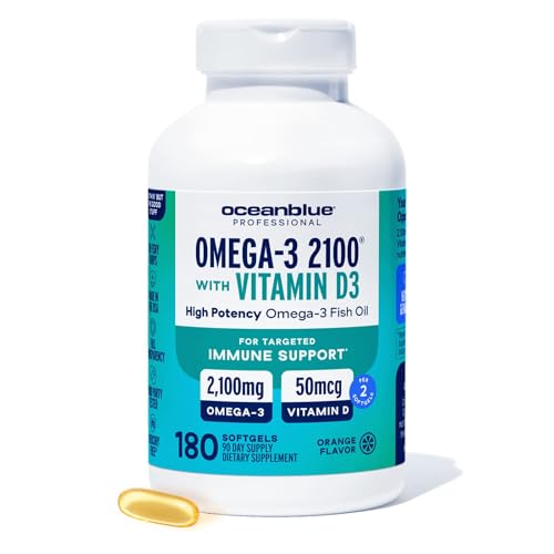 Oceanblue Professional Omega-3 2100 with Vitamin D3 – 180 ct – Triple Strength Burpless Fish Oil Supplement with High-Potency EPA, DHA, DPA – Wild-Caught – Orange Flavor (90 Servings)