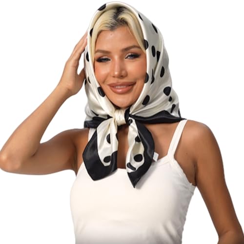 Polka Dot Print Satin Head Scarf for Women Like Silk Scarf for Hair Wrapping Bandanas Square Shawl Wraps 35 Inches