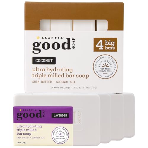 Alaffia Good Soap Coconut (4 Bars) + Trial-Size Lavender Bar – Long-Lasting, Triple-Milled with Fair Trade Shea Butter
