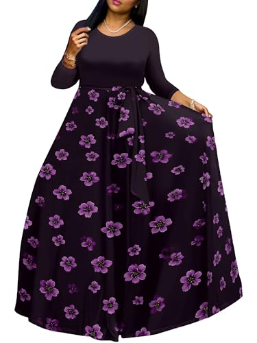 Image of PinkPatty Women's Long Sleeve Maxi Dress Plus Size Trendy Wedding Guest Dress with Pockets&Belt
