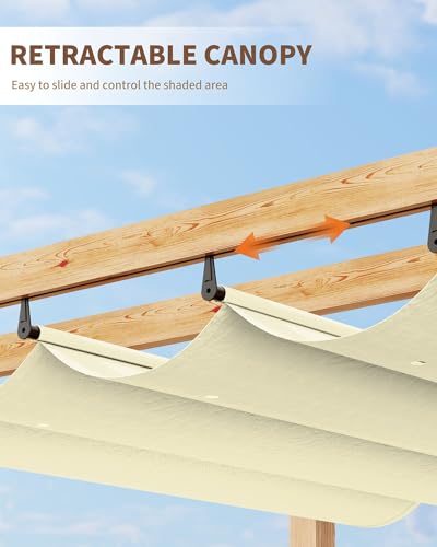 Image of KYBOLT 10x10 Ft Outdoor Pergola with Retractable Canopy Metal Gazebo Imitation Wood-Grain Column with Side Mesh Screen Modern Pavilion for Backyard(Beige+White)
