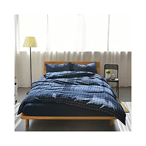 Image of F.Y.Dreams 100% Washed Cotton Duvet Cover for Weighted Blanket 60x80 inches with 16 Ties, Zipper on Long Side /Navy Grid /Just Duvet Cover