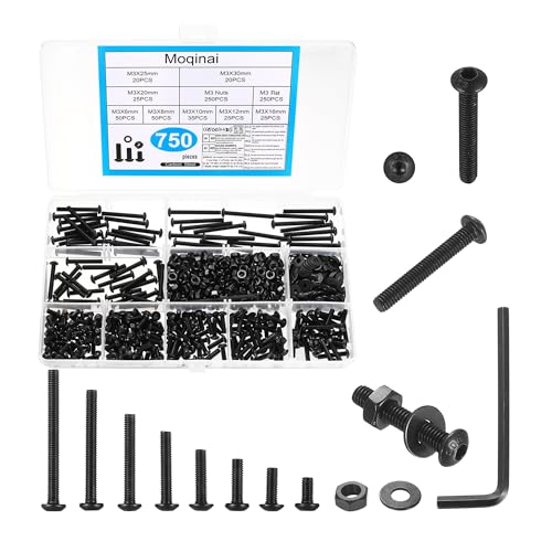 750 Stück M3 Schrauben Set, Rundkopf Innensechskantschrauben Muttern Set, Maschinenschrauben und Muttern Sets, Kleine Gewindeschrauben Sets, linsenkopfschrauben Schwarz mit Unterlegscheiben Kit