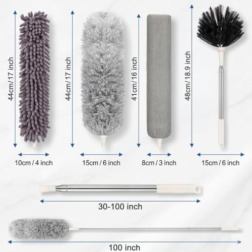 Image of Dishmatic 4 in 1 Long Handle Microfiber Feather Ceiling Duster with Extendable Pole 30-100 Inch with Anti Scratch Bendable Head for Cleaning High Cobweb Stick High Ceiling Fan - Stainless Steel