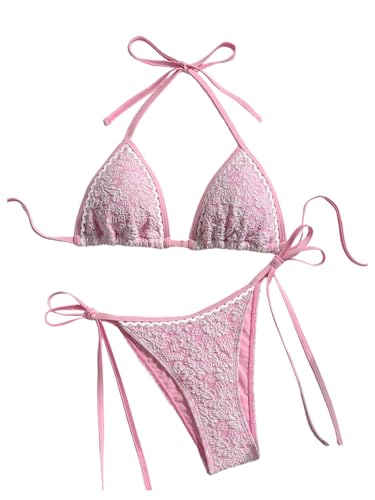WDIRARA Women's Floral Lace Bikini Set Halter Triangle String Swimsuit 2 Piece Bathing Suit