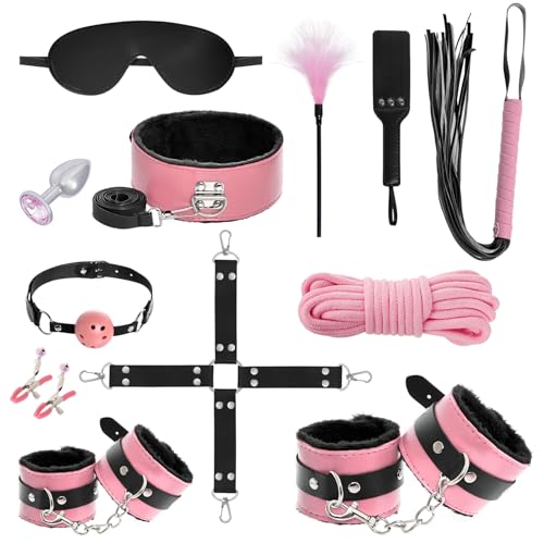 12er BDSM Bondage Set Fesselset Erotik SM Sex Spielzeug Zugband Handschellen Knöchelmanschetten Analplug Nippelklemmen Ballknebel Federkitzler Augenmaske Peitsche Paddel Baumwollseil (rosa & schwarz)