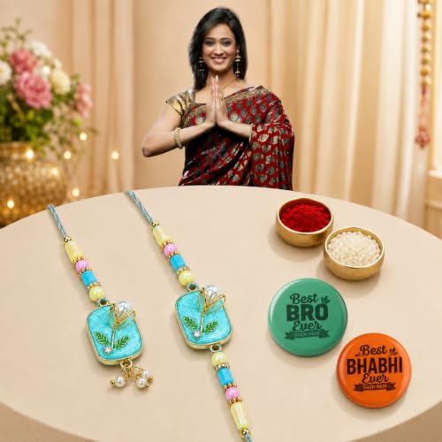 Image of Oblivion Rakhi with Fridge Magnet For Brother & Bhabhi - Stylish Rakhi Set for Bhabhi & Bhai With Fridge Magnet, Greeting Card, Silver Color Coin & Tilak Set - Raksha Bandhan Pack (K1 X6+B4676+BH4676)