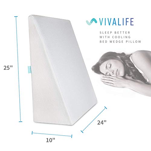 Vivalife Bed Wedge Pillow Gel Memory Foam Top - Cooling Elevated Support Cushion For Lower Back Pain, Acid Reflux, Heartburn, Allergies, Snoring - Ultra Soft Breathable Cover (10 Inch Wedge) #TOP1