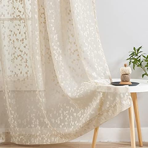 Beige Lace Sheer Curtains for Living Room Bedroom Leaf Buds Patterned Window Curtain Panels Filtering Privacy Protection Sheer Window Drapes for Garden Yard, 52"W x 72"L x 2, Rod Pocket Cover