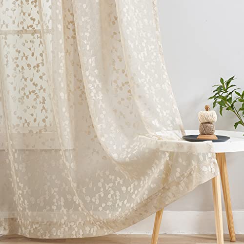 Lace Sheer Curtain for Living Room Bedroom Beige Leaf Buds Pattern 54 Inch Length Drapes Light Filtering Embroidery Elegant Window Treatment Sets for Basement Laundry Room Rod Pocket