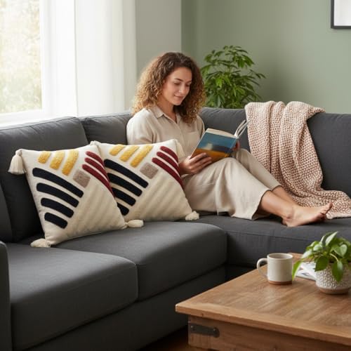 Image of RRC Boho Throw Pillows 16x16 Inch Set of 2 - Soft Mid Century Modern Decorative Pillow Covers, Aesthetic Cushion Cases for Couch, Sofa, Bed & Bedroom Decor (Brown, 16X16(Inches))