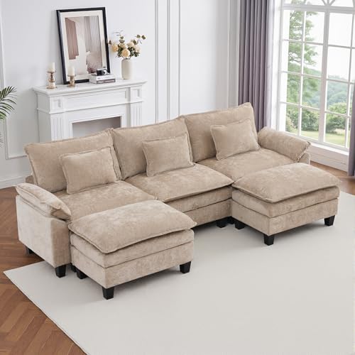 Image of IPKIG 117 inch Modular Cloud Couch with Storage, U Shaped Sectional Sofa with Ottoman & Pillow, Chenille Deep Seat Sectional Couches for Living Room, Apartment, Khaki