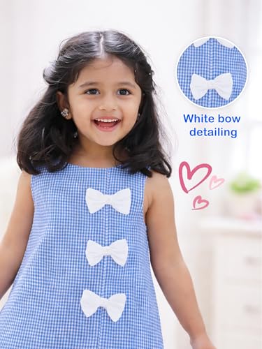 Image of Kidbea Girls Blue Cotton Checked Sleeveless A-Line Dress with White Bow Applique, Soft & Breathable Summer Frock for Toddlers and Kids, Casual & Trendy Outfit