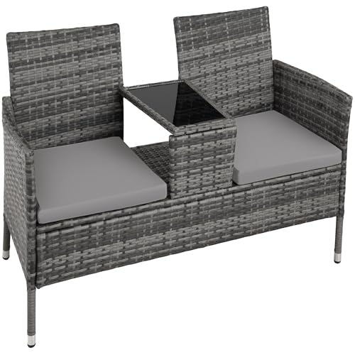 tectake® Banco Exterior con Mesa Integrada, 133 x 63 x 84 cm, Resistente a la Intemperie, Cojín de Asiento de 6 cm, Conjunto de Banco de Jardín para 2 Personas   Gris/Gris Claro