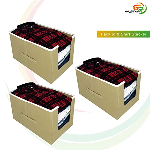 Image of GR Art&Craft inchOrganize Your Space inch Non Woven Shirt Stacker /Shirt Organizer /Wardrobe Organizer /Cloth Organizer /Cloth Cover-3 piece (Beige)