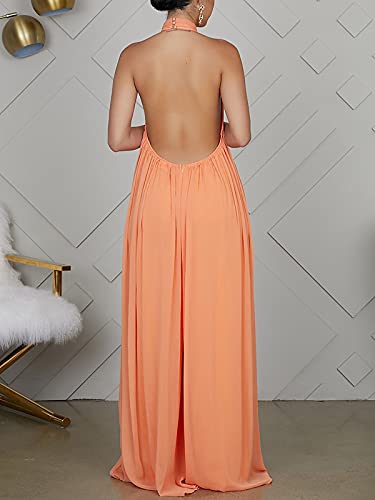 Ekaliy Women’s Sexy Summer Jumpsuit Halter Neck Sleeveless Chiffon Wide Leg Long Pant Jumpsuit Romper One Piece Party Outfit Orange X-Large #TOP4