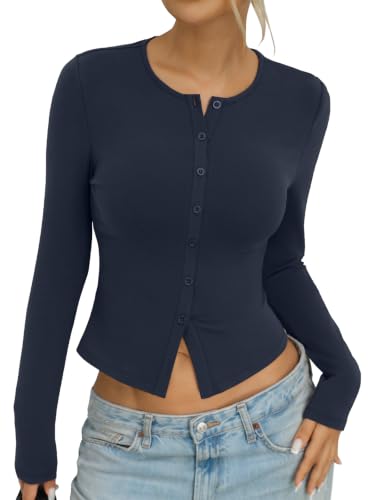 EasyGala Womens Cotton Long Sleeve Shirts Fitted Button Down Crop Tops 2026