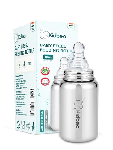 Image of Kidbea Stainless Steel Feeding Bottle 150ml for Babies | BPA Free, Food Grade, Leakproof | Anti-Colic Nipple | Safe & Durable Baby Milk Feeder (Pack of 1)