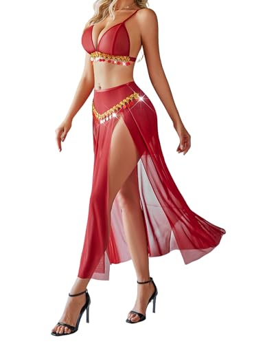 Avidlove lingerie set Mesh Split Halloween 3 Piece Nightgown,Wine Red,L