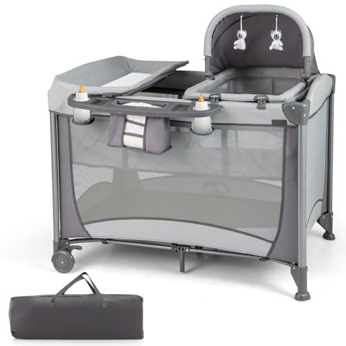Image of HONEY JOY Pack and Play with Bassinet, 5 in 1 Portable Baby Playard w/Changing Table, Removable Infant Full-Size Bassinet & Mattress, Diaper Storage Bag, Foldable Newborn Nursery Center w/Carry Bag