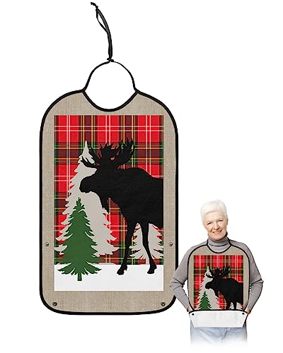 LEOKOTI Christmas Elk Adult Bibs for Eating, Waterproof Bibs with Food Catcher & Adjustable Snap Closure, Xmas Tree Red Checkered Washable Clothing Protectors Adult Bibs for Elderly Women/Men