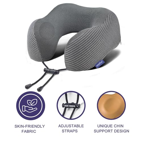 napfun Travel Pillow, 100% Pure Memory Foam Neck Pillows for Travel Airplane Headrest Flight Plane Accessories, Deep Grey, Medium (120-200LB)