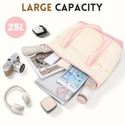 Image of Large Canvas Tote Bag for Women, Beach Bag with Zipper, Utility Tote Bag with 3 Front Pockets, Weekender Pool Bag