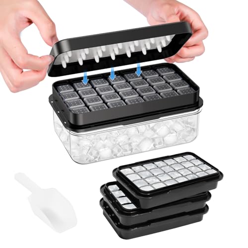 Image of PHINOX Ice Cube Tray with Lid and Bin, 3 Pack Plastic Ice Cube Tray Molds, 84 pcs Ice Trays for freezer, Chilling Drinks, Whiskey & Cocktails, with Ice Container and Ice Scoop, BPA-Free